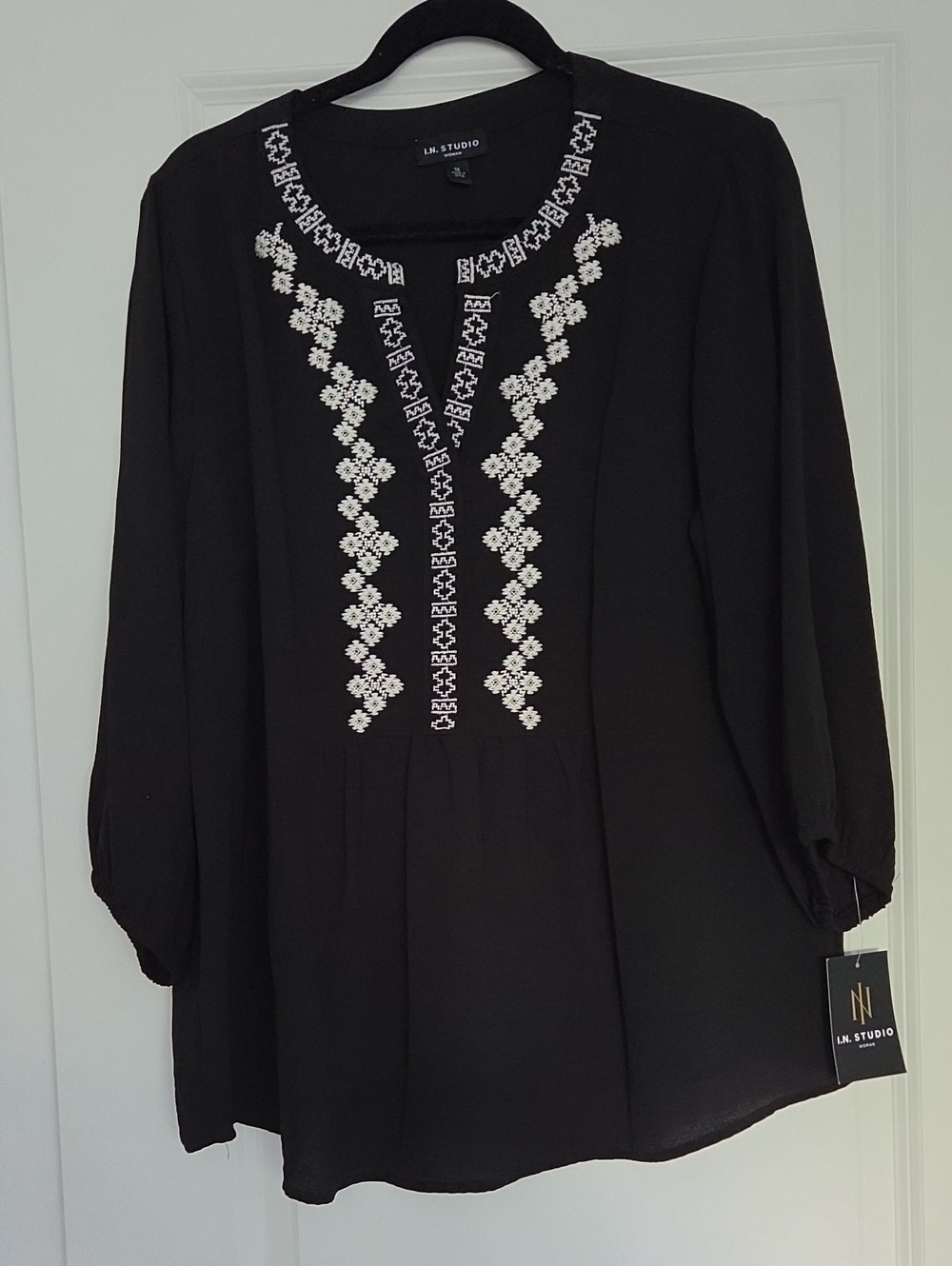 I.N. Studio Black Blouse with White Embroidered Front